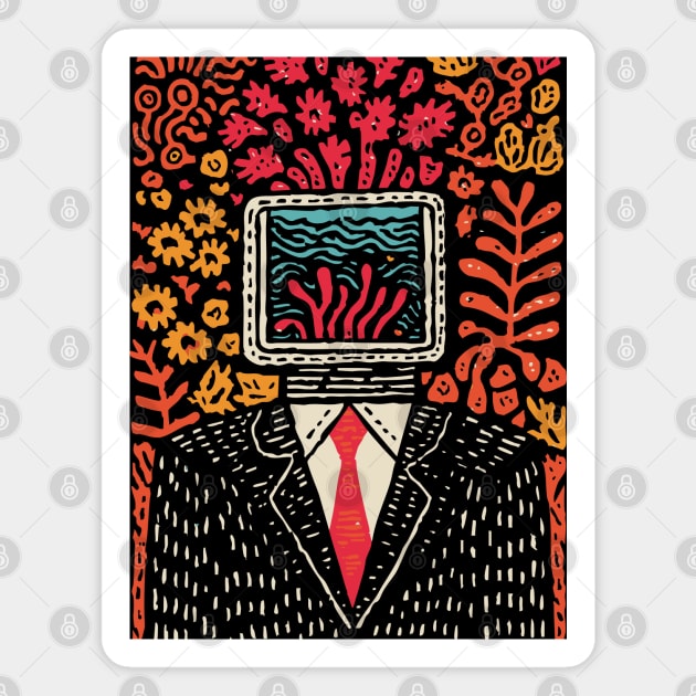 Surreal Coral Reef TV Head Man Illustration Magnet by TuncGK